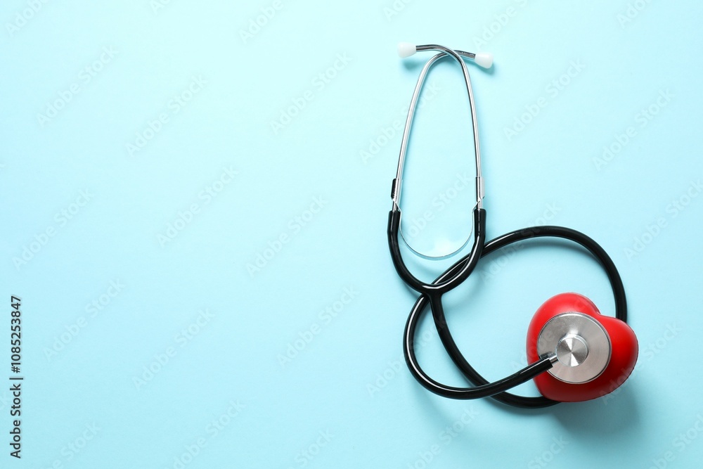 Stethoscope with red heart on color background, top view Stethoscope with red heart on color background, top view