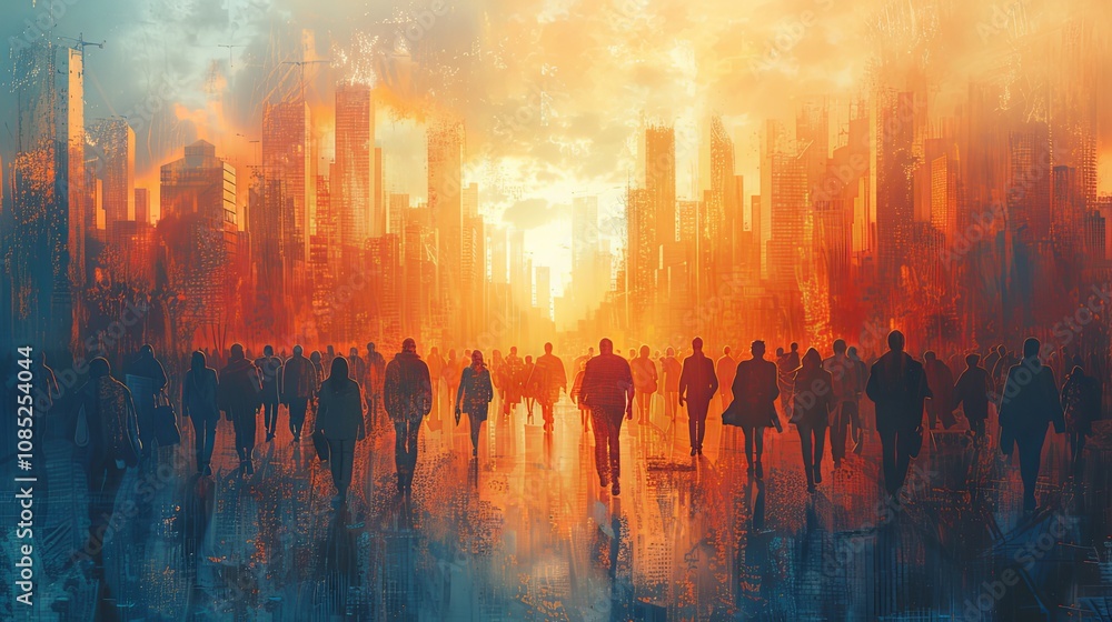 Crowds of people commuting to work in a bustling city during rush hour Crowds of people commuting to work in a bustling city during rush hour