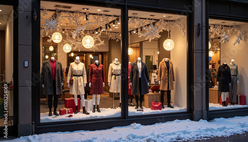 Stylish winter fashion display with mannequins in a shop window decorated for the holidays