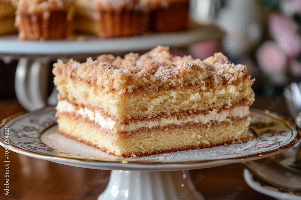 Delicious Layered Cake with Crumb Topping on Elegant Plate Delicious Layered Cake with Crumb Topping on Elegant Plate