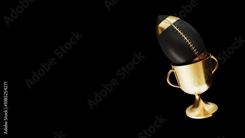 3D render of an American football background showing a football and trophy, celebrating Super Bowl victory and the thrill of the competition. Advertising banner with copy space