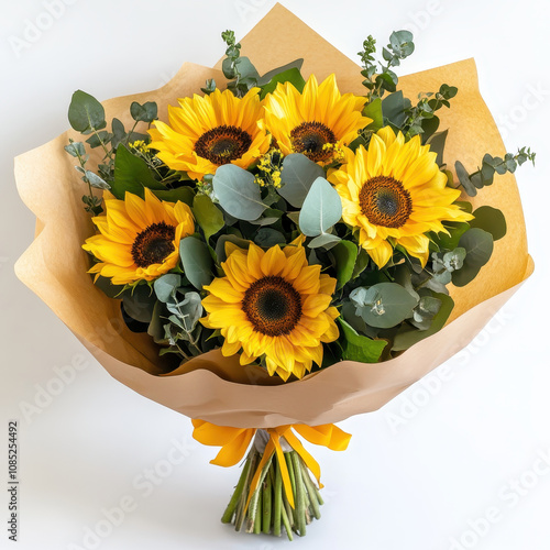 vibrant sunflower bouquet with detailed petals and lush greenery, perfect for brightening any space. cheerful arrangement exudes warmth and joy