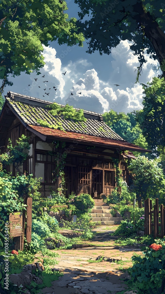 Serene rustic house surrounded by lush greenery and vibrant flora. Serene rustic house surrounded by lush greenery and vibrant flora.