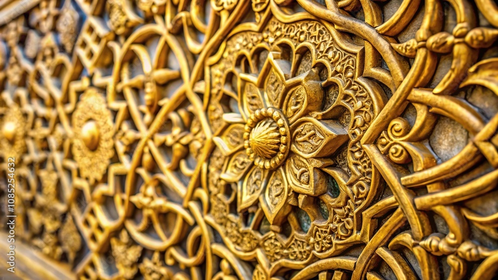 Close-up of intricate golden filigree on ancient stone monument, pattern repeat, artistry, texture, ornate design Close-up of intricate golden filigree on ancient stone monument, pattern repeat, artistry, texture, ornate design
