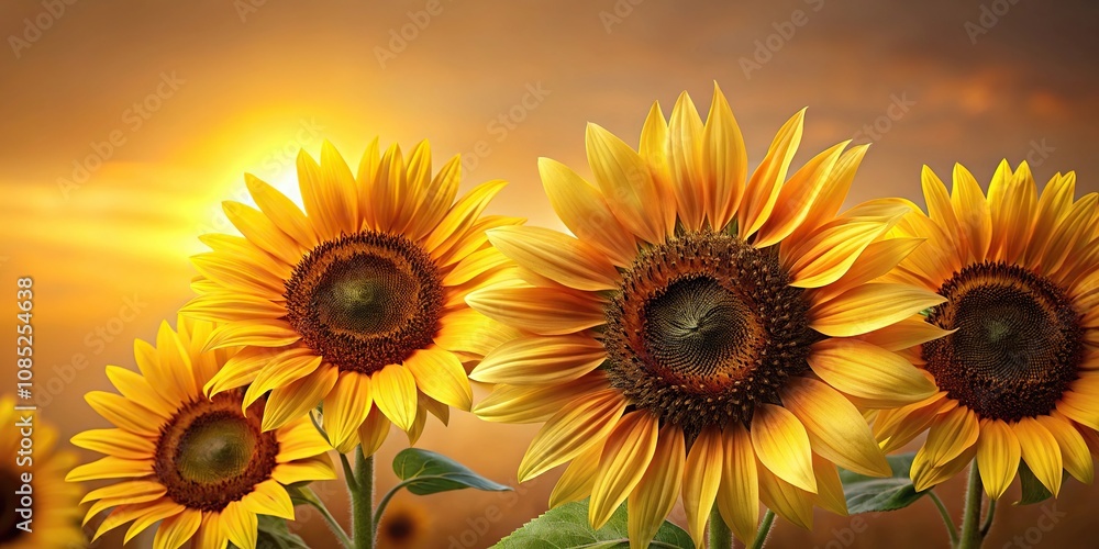 Obraz premium Close-up of individual sunflower blooms in shades of bright yellow and dark brown, set against a subtle gradient background, leafy greens, plant detail, garden texture, nature study, close-up flowers