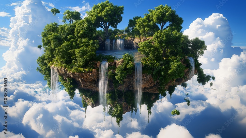 Surreal Floating Island with Waterfall and Trees Surreal Floating Island with Waterfall and Trees