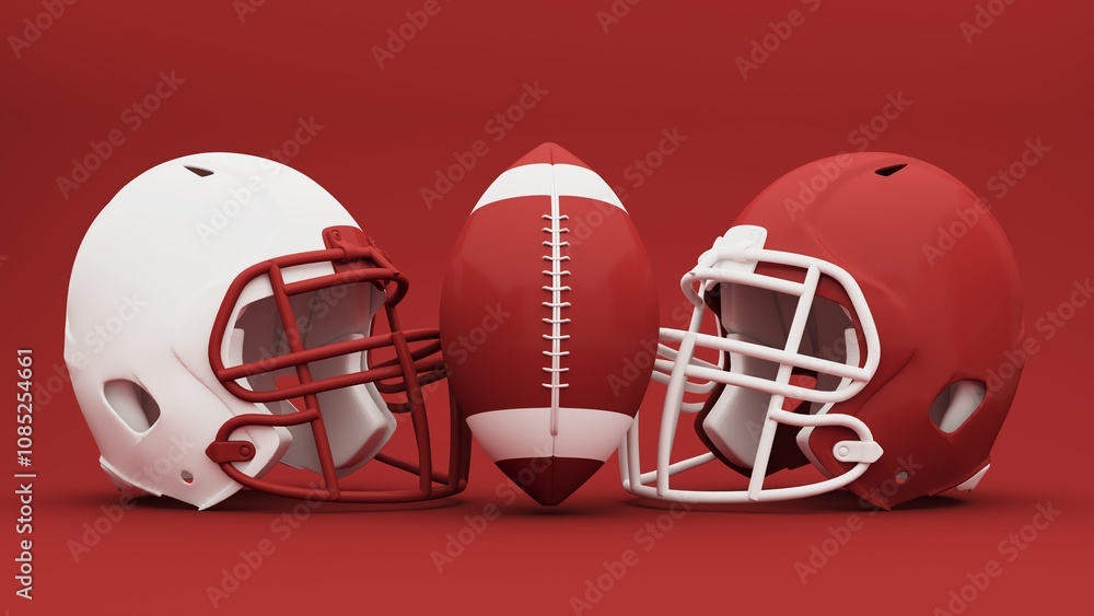 Fototapeta premium 3D render of an American football background showing a football and trophy, celebrating Super Bowl victory and the thrill of the competition. Advertising banner with copy space