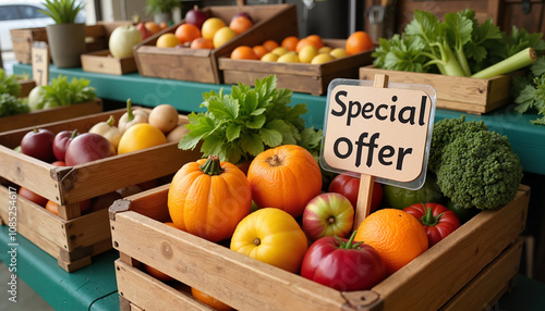 Wooden crates filled with fresh vegetables and fruits with a 