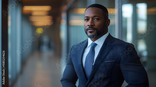 A confident Black businessman in formal attire stands tall with a professional demeanor, exuding self-assurance and leadership, symbolizing success, ambition, and professionalism in the corporate worl photo