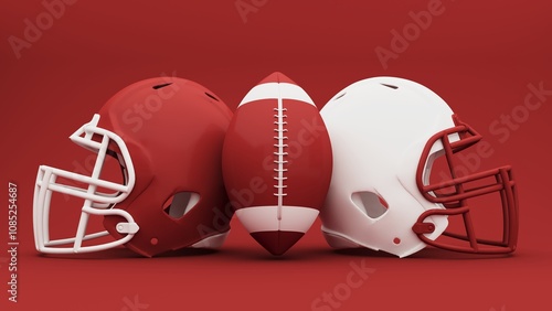 3D render of an American football background showing a football and trophy, celebrating Super Bowl victory and the thrill of the competition. Advertising banner with copy space