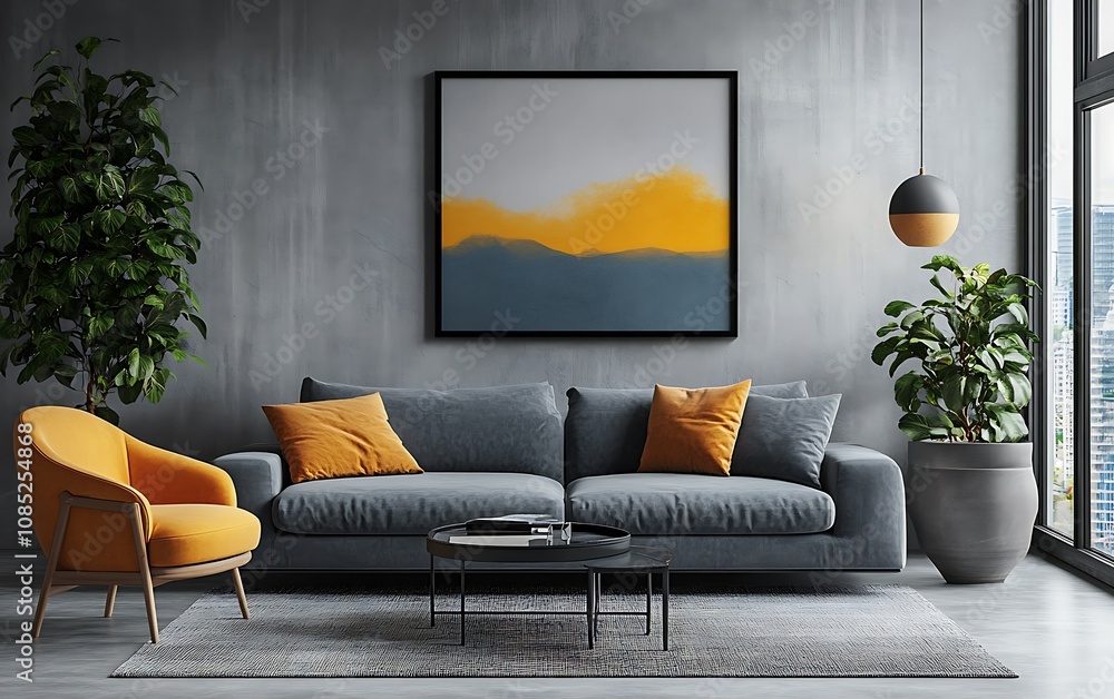 Modern living room with stylish furniture and abstract artwork. Modern living room with stylish furniture and abstract artwork.