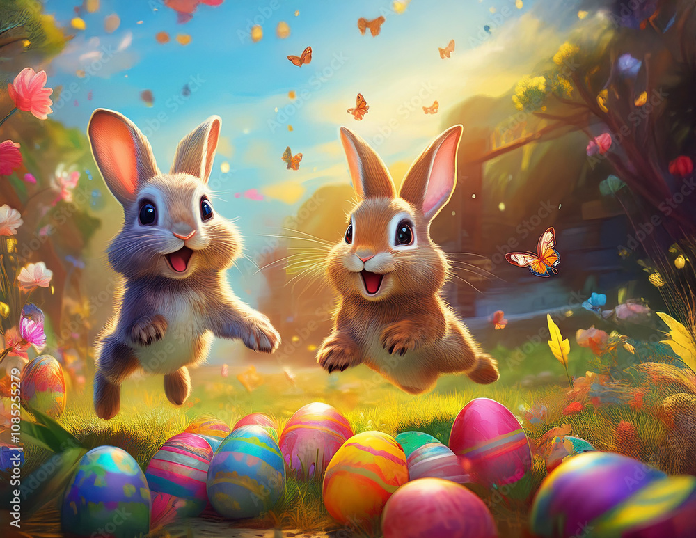 Zwei spielende und springende Hasen zwischen Ostereiern