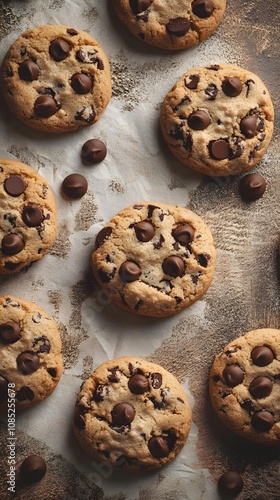 Delicious chocolate chip cookies arranged on a rustic table.