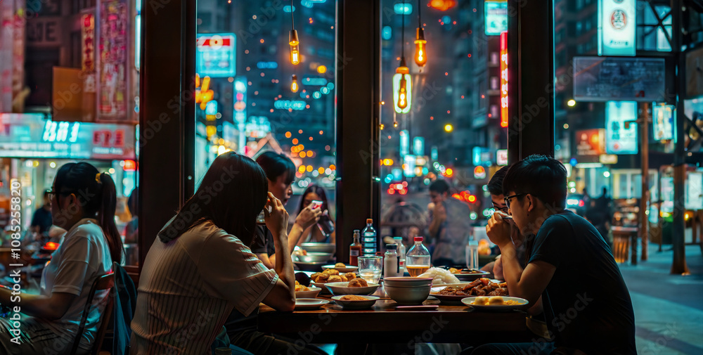 Evening dining scene in a city restaurant with neon lights. people eating
