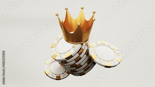 Casino chips, cubes, roulette, drum  on light wite background with with crown and goblet- 3d render. Flying chip for online casinos and mobile gambling applications, poker - winner, wealth concept.