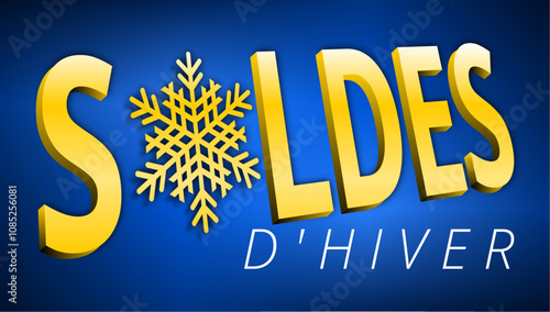 Soldes d'hiver 3D en couleur or avec un flocon de neige sur un arrière-plan bleu en dégradé