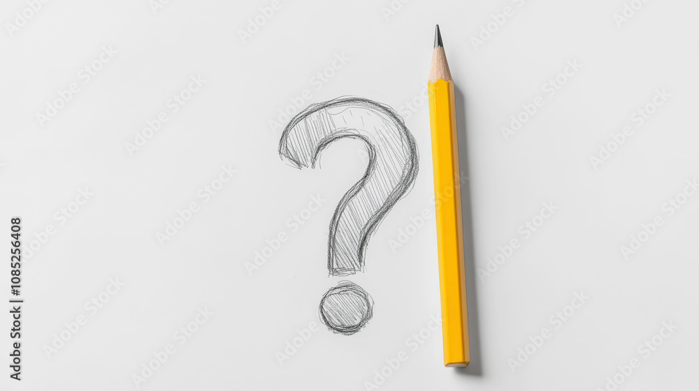 Sketch of question mark drawn with yellow pencil on white background, copy space, presentation mockup. Generative AI Sketch of question mark drawn with yellow pencil on white background, copy space, presentation mockup. Generative AI