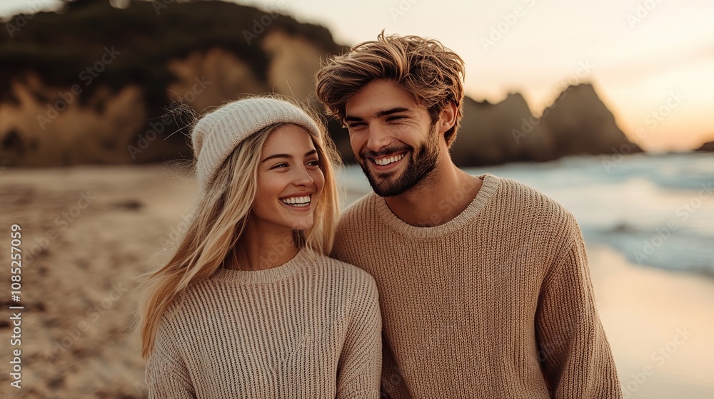 A smiling couple in cozy sweaters on a beach during sunset. A smiling couple in cozy sweaters on a beach during sunset.