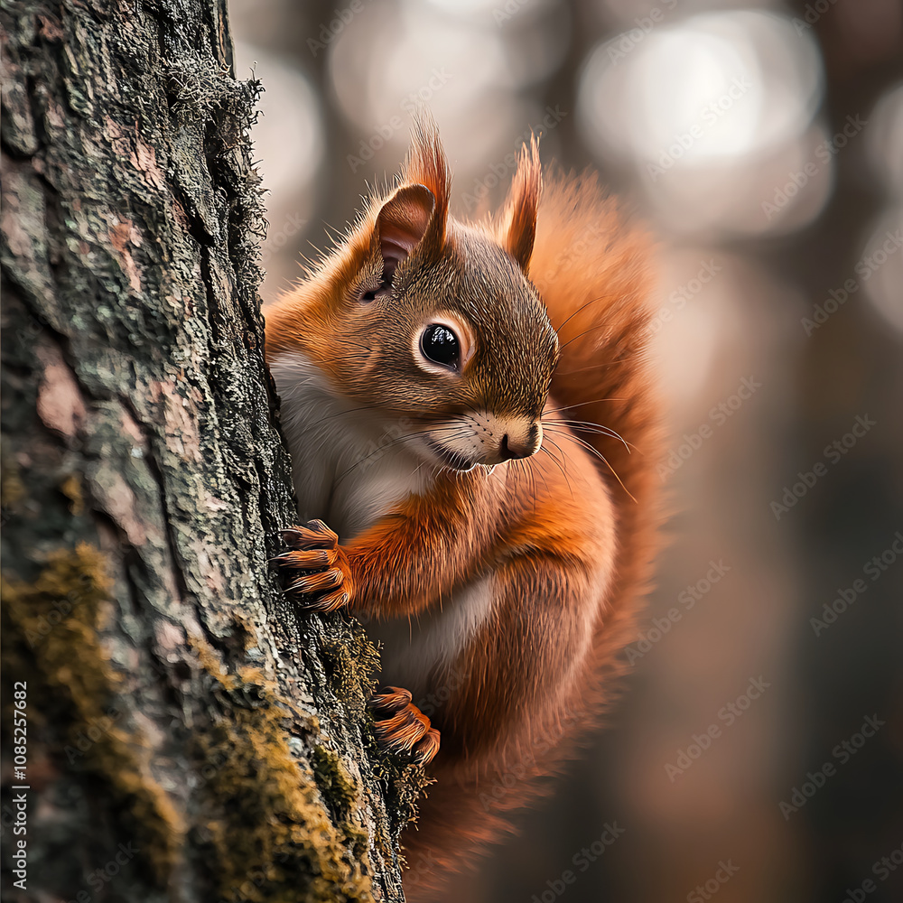 Close up of reddish squirrel on tree trunk, showcasing its vibrant fur and curious expression. blurred background adds depth to this charming scene Close up of reddish squirrel on tree trunk, showcasing its vibrant fur and curious expression. blurred background adds depth to this charming scene