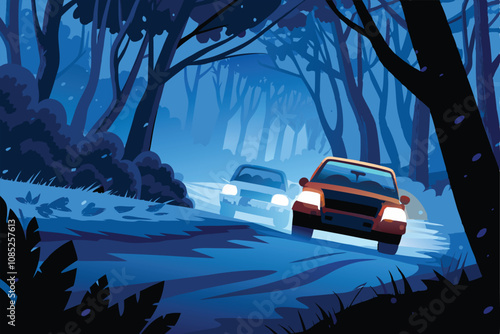 Intense night rally race through a dark, dense forest; car headlights illuminate the muddy track and surrounding trees.