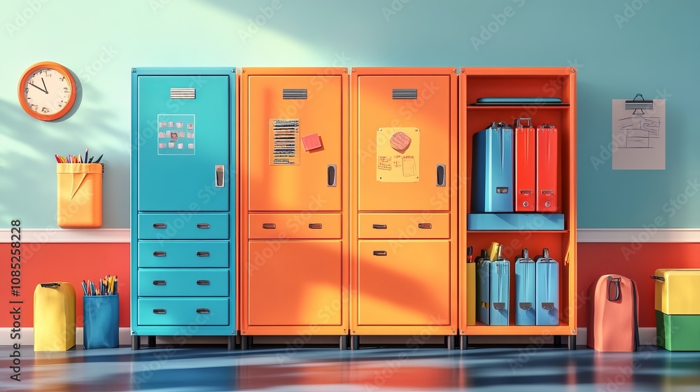 School lockers with items, equipments and accessoires for education. Back to school. 3d illustration School lockers with items, equipments and accessoires for education. Back to school. 3d illustration