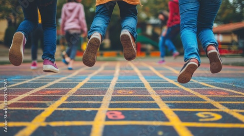 Children Jumping on a Colorful Hopscotch Grid