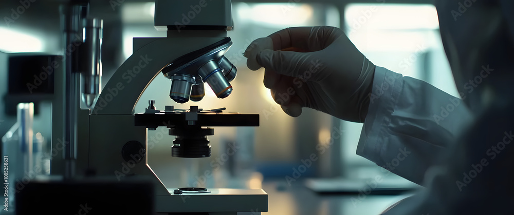 A close-up shot of a scientist hands adjusting a microscope, with the lab environment A close-up shot of a scientist hands adjusting a microscope, with the lab environment