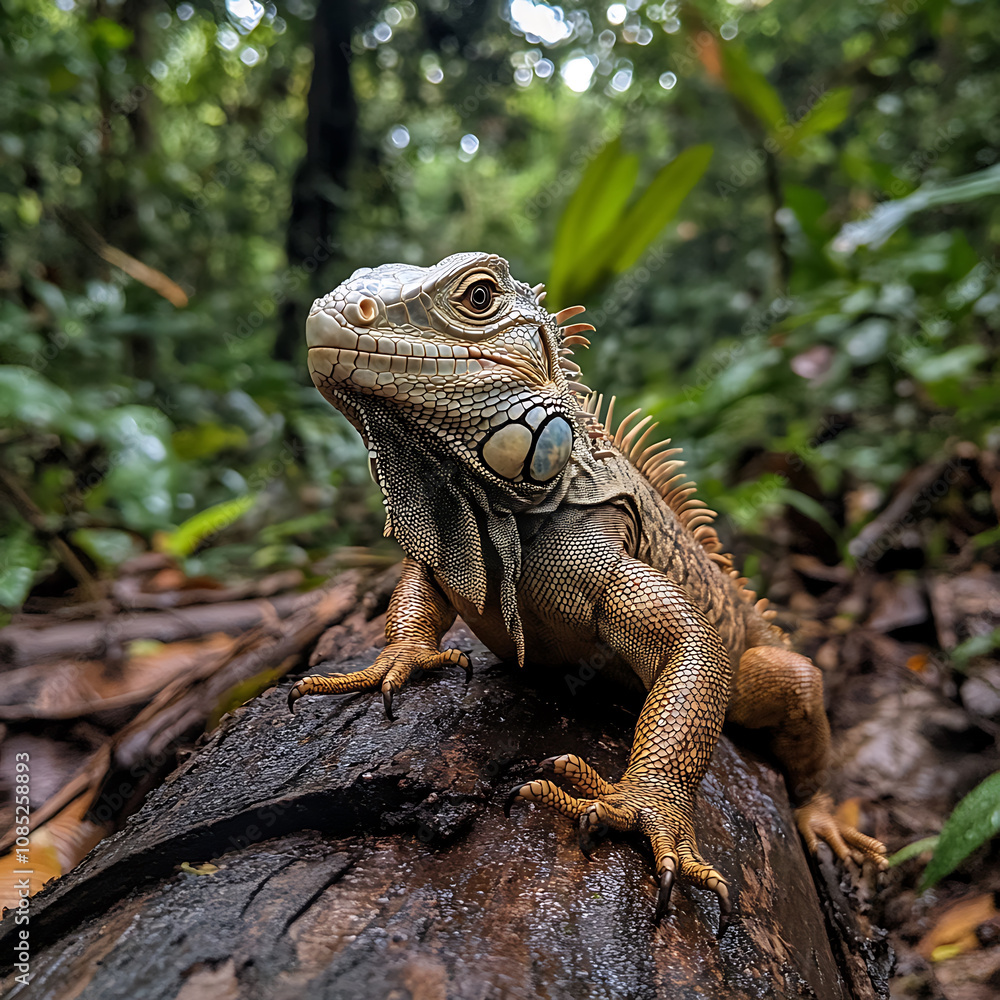 close up of iguana perched on wooden log in lush forest, showcasing its vibrant scales and intricate details. serene environment enhances iguana majestic presence close up of iguana perched on wooden log in lush forest, showcasing its vibrant scales and intricate details. serene environment enhances iguana majestic presence