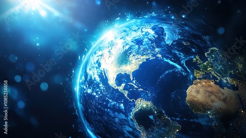 Stunning Earth View from Space with Illuminated Continents and Starry Background in Vivid Colors, Showcasing Planet's Natural Beauty and Cosmic Mystique