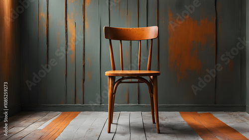 A wooden chair is sitting in a room with a green wall