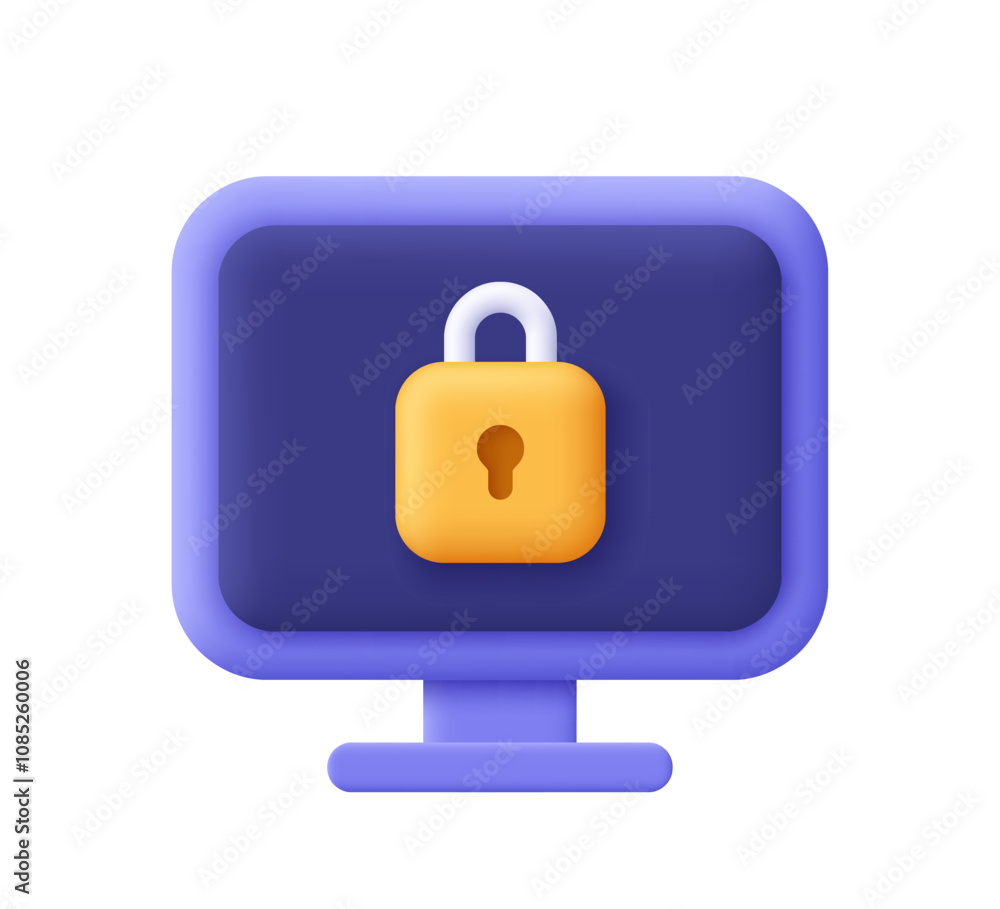Padlock on computer screen. Data protection, internet security and cyber security. 3d vector icon. Cartoon minimal style. Padlock on computer screen. Data protection, internet security and cyber security. 3d vector icon. Cartoon minimal style.
