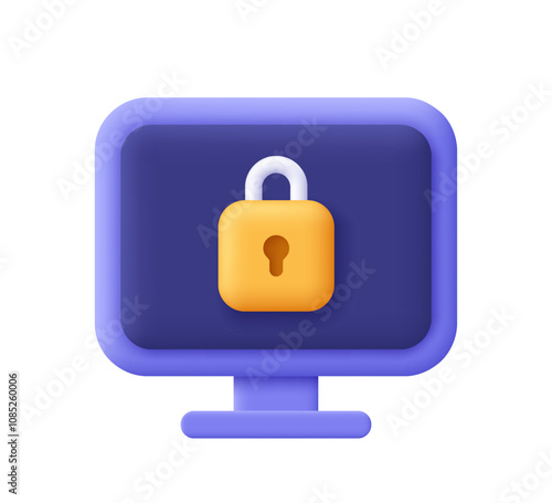 Padlock on computer screen. Data protection, internet security and cyber security. 3d vector icon. Cartoon minimal style.