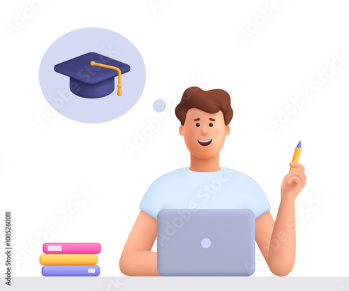 Young smiling man studying at computer, holding pencil and thinking about graduation or diploma. Online education, e-learning concept. 3d vector people character. Cartoon minimal style.