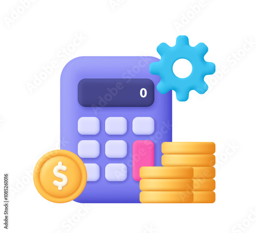 Calculator with coin money stack and gear. Business, finance management, accounting, tax and budget planning concept. 3d vector icon. Cartoon minimal style.