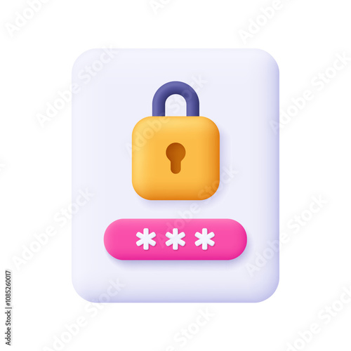 Document file with padlock and password. Data protection, internet security and cyber security. 3d vector icon. Cartoon minimal style.
