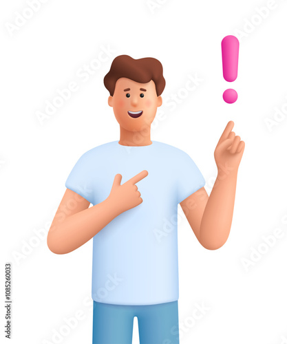 Young smiling woman pointing finger up to exclamation point. Idea, warning or attention concept. 3d vector people character illustration. Cartoon minimal style.