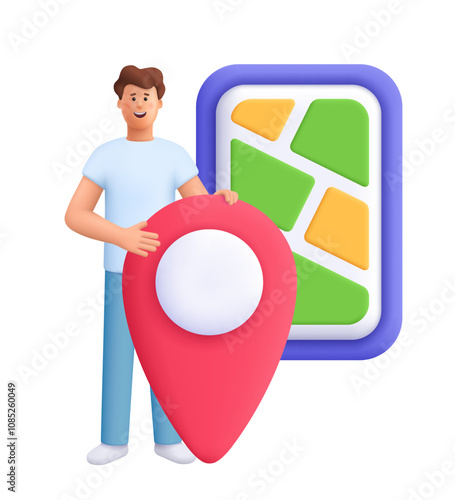Young man standing near big pin map or geotag and smartphone with online city map, marking locations. Navigation concept. 3d vector people character. Cartoon minimal style.