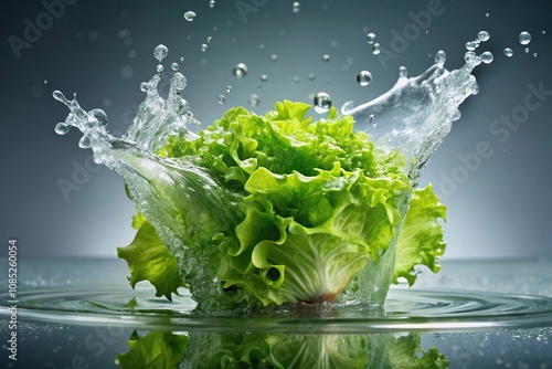 Fresh green lettuce splashing into water with air bubbles, medium shot photo