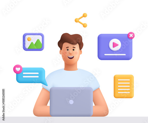 Young smiling man working on laptop computer. Content filling, content management and social media concept. 3d vector people character. Cartoon minimal style.