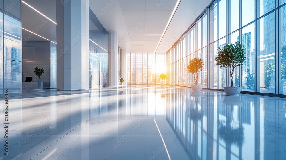 Modern office interior with large windows and sunlight illuminating the space. Modern office interior with large windows and sunlight illuminating the space.