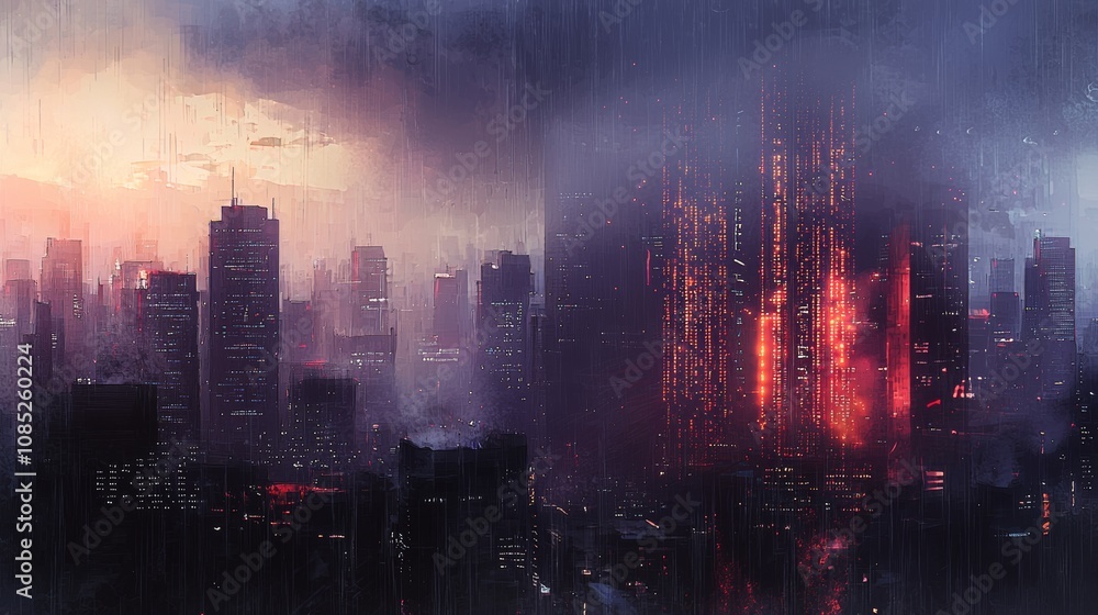 Fototapeta premium A cityscape with binary code raining down from the sky, symbolizing the omnipresence of data in modern life.