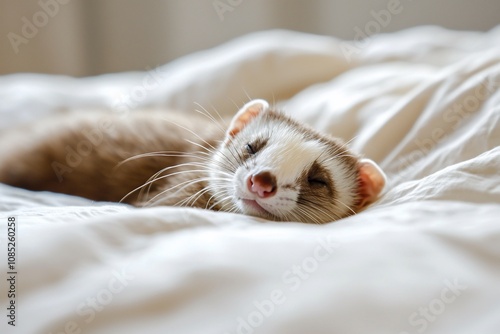 Adorable Ferret Relaxing on Soft Bed Linen photo