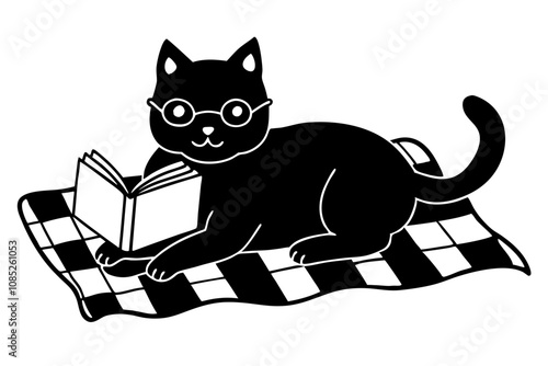 cat is wearing glasses and holding a book