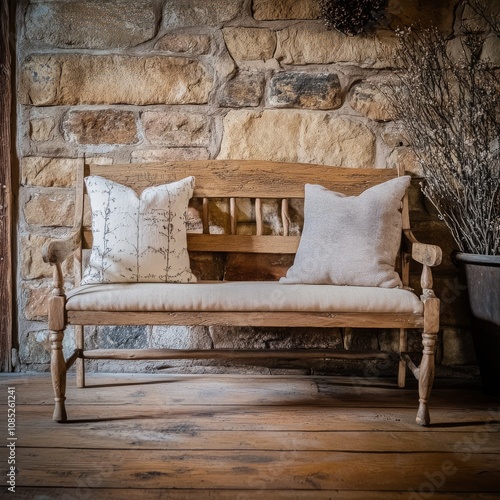 Rustic vintage bench in a cozy setting