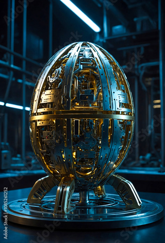 futuristic mechanical egg, in a high-tech laboratory