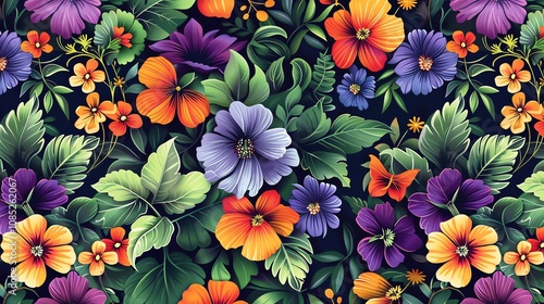 Wallpaper Mural A colorful floral pattern with purple, orange and yellow flowers on a dark green background. Torontodigital.ca