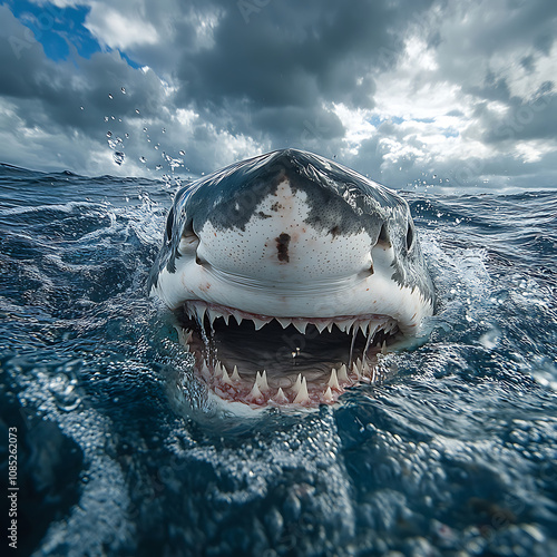 powerful close up of great white shark emerging from ocean, showcasing its sharp teeth and intense gaze. dramatic sky adds to thrilling atmosphere photo