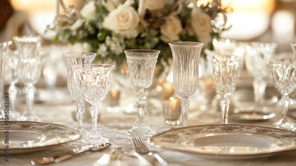 Elegant Table Setting with Crystal Glasses and Plates Elegant Table Setting with Crystal Glasses and Plates