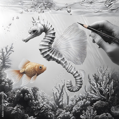 Beautiful seahorse swimming undersea with cute goldfish, showcasing intricate details and vibrant underwater life. hand illustrates scene, adding creative touch photo