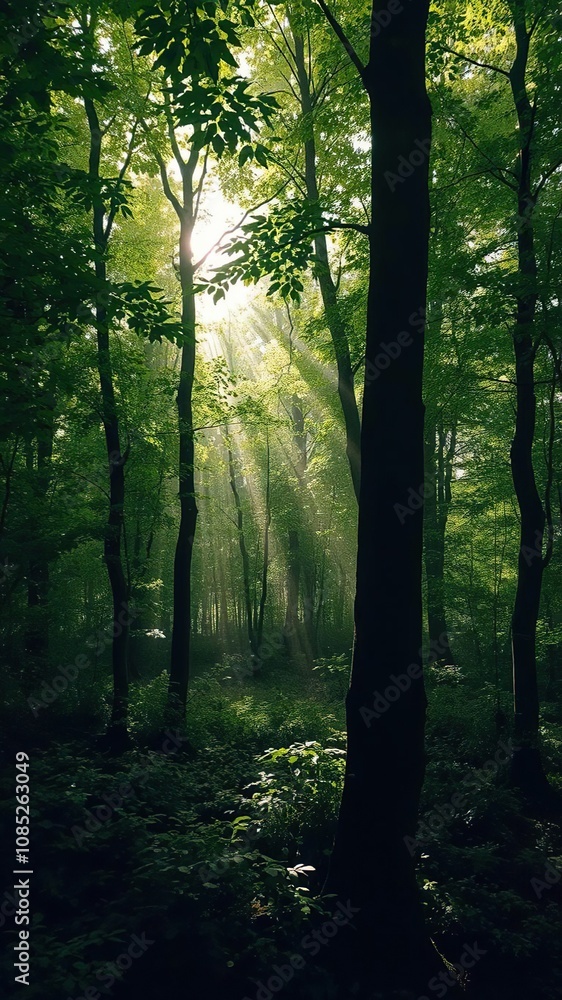 Lush green forest with sunlight streaming through the leaves creating a dreamy and ethereal atmosphere, nature, sunlight, serene Lush green forest with sunlight streaming through the leaves creating a dreamy and ethereal atmosphere, nature, sunlight, serene